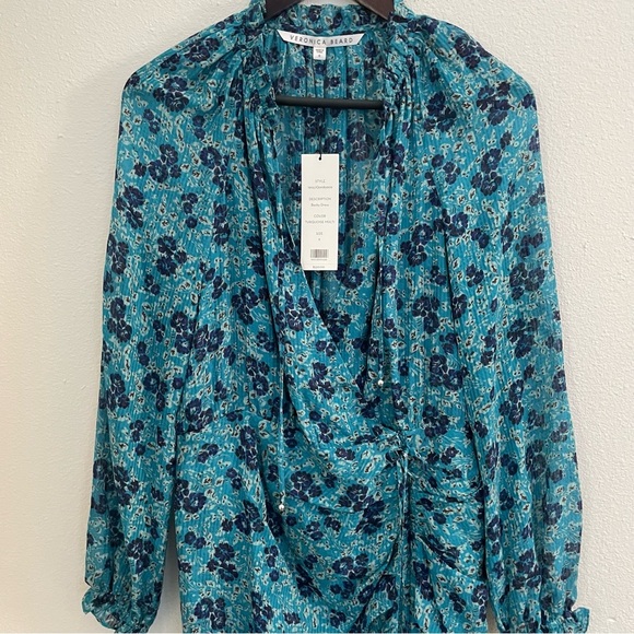 NEW Veronica Beard Becky Silk Turquoise Floral Ruching Skirt Dress Size 6 - Picture 7 of 14